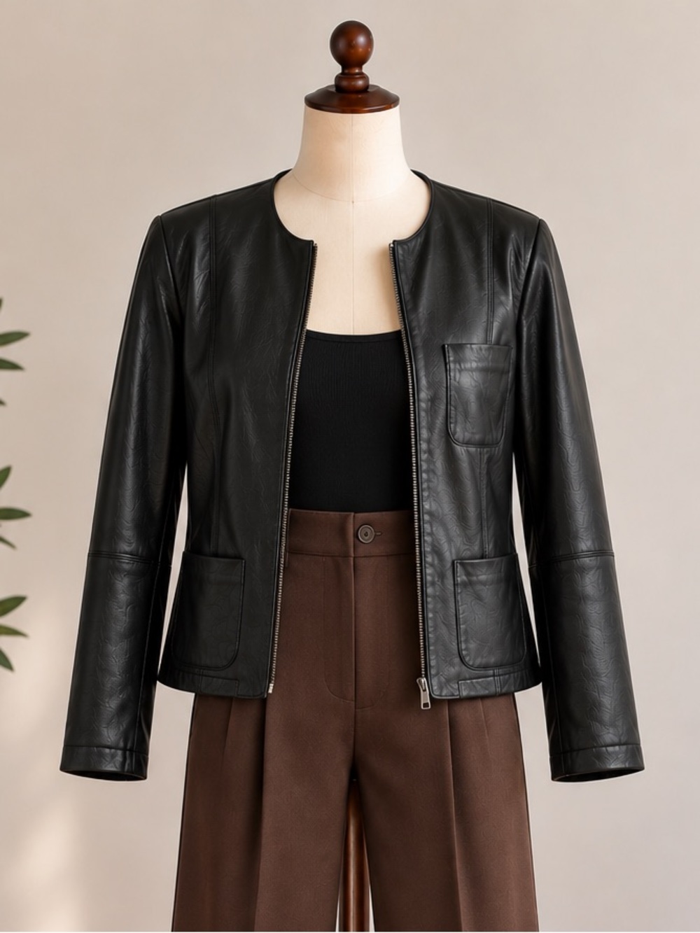 Black Genuine Leather Jacket 90s Minimalist Quiet Luxury Collarless M